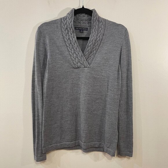 EUC Brooks Brothers 100% Wool Cable Knit Collar Sweater Grey Medium - Picture 1 of 5
